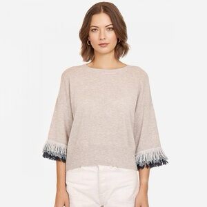Autumn Cashmere Tri Color Fringe Crew, 3/4 quarter sleeves, XS